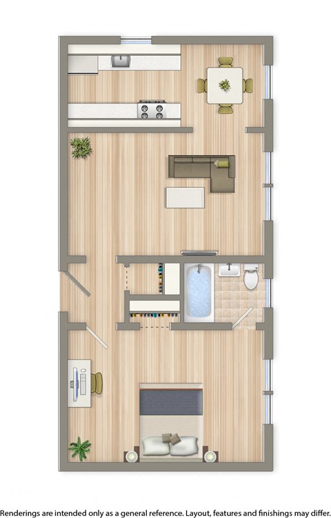 Floor plan for 1 bed, 1 bath, 647 sqft